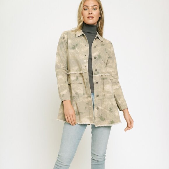 MYSTREE TIERED LONG TRUCKER JACKET Camo Utility Shacket, Beige Green Distressed - Picture 6 of 10